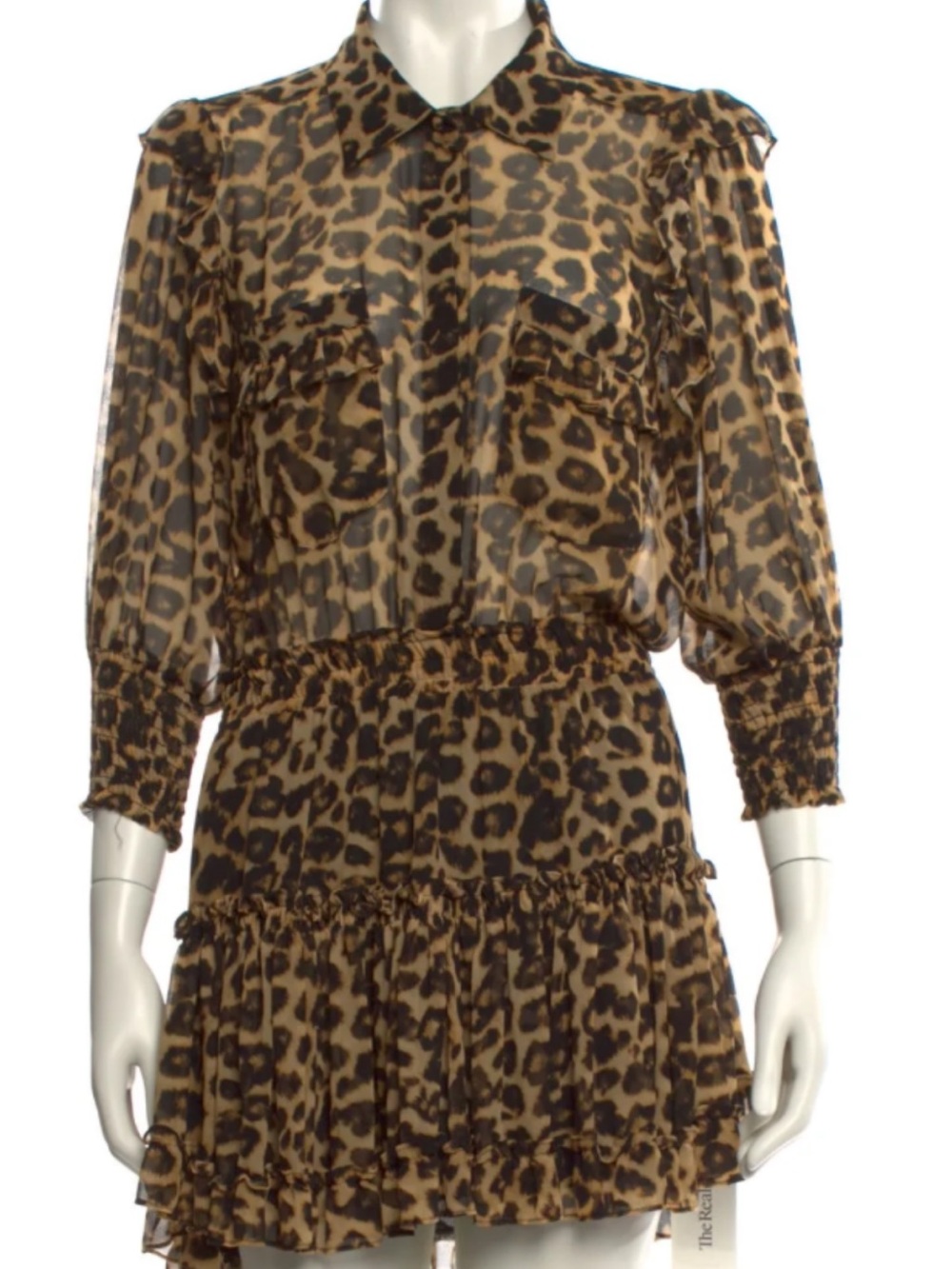 MISA Womens Mini Katia Dress XS Brown Leopard Print Ruffle Smocked Boho Resort